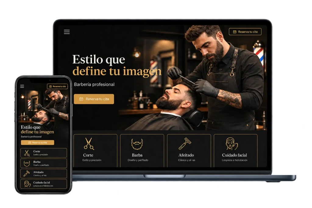 Mockup de una página web moderna visualizada simultáneamente en una laptop y un smartphone, demostrando el diseño responsivo y la correcta adaptación móvil de un sitio web de servicios.