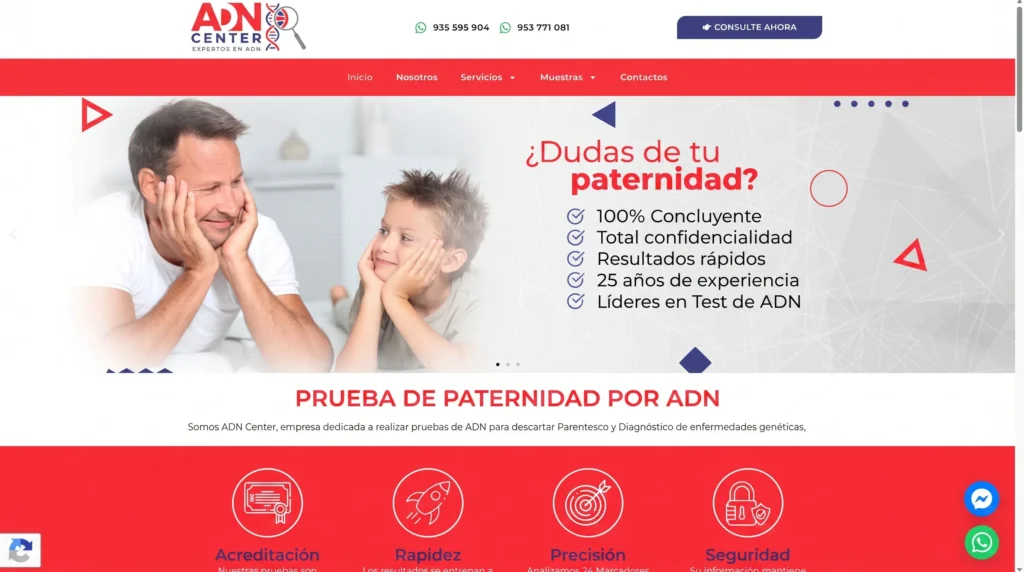 Captura de pantalla del diseño de una página web desarrollada para ADN Center, un centro médico especializado en pruebas de paternidad, mostrando su interfaz principal, beneficios y servicios.