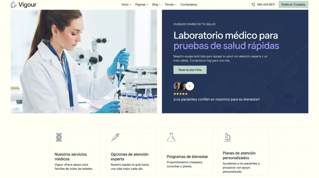 Captura de pantalla del diseño de una página web desarrollada para ADN Center, un centro médico especializado en pruebas de paternidad, mostrando su interfaz principal, beneficios y servicios.