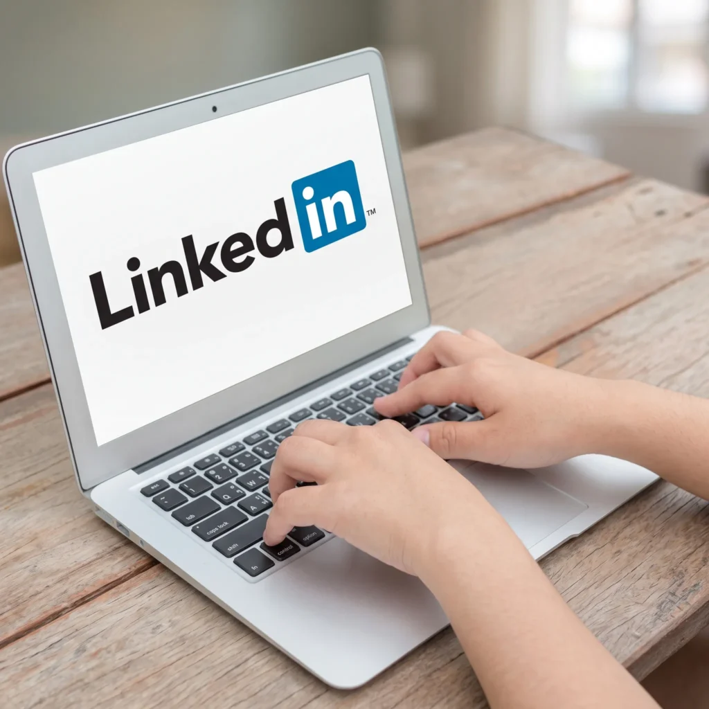 Fotografía de las manos de una persona escribiendo en el teclado de una laptop sobre un escritorio de madera, con el logotipo oficial de LinkedIn destacando en la pantalla blanca.