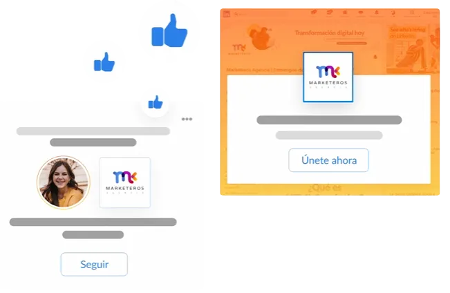 Ilustración gráfica de la interfaz de LinkedIn mostrando ejemplos de anuncios dinámicos. Se observa un diseño que empareja la fotografía de perfil de una usuaria con el logotipo de una empresa junto a un botón de "Seguir", y otro bloque publicitario destacando un logotipo central con el llamado a la acción "Únete ahora".