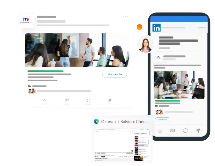 Ilustración gráfica de la interfaz de LinkedIn en versiones de escritorio y móvil, mostrando el diseño de un anuncio de evento corporativo. Se observa una fotografía de profesionales colaborando frente a una pizarra, acompañada de detalles de conexión, avatares de asistentes y un botón con el llamado a la acción "Ver evento".