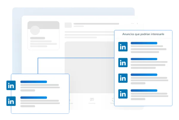 Ilustración gráfica de la interfaz de LinkedIn destacando paneles modulares que muestran breves anuncios de texto. Los bloques publicitarios, ubicados en un panel de "Anuncios que podrían interesarle", incluyen el logotipo de la plataforma junto a líneas que representan un título y una descripción corta.