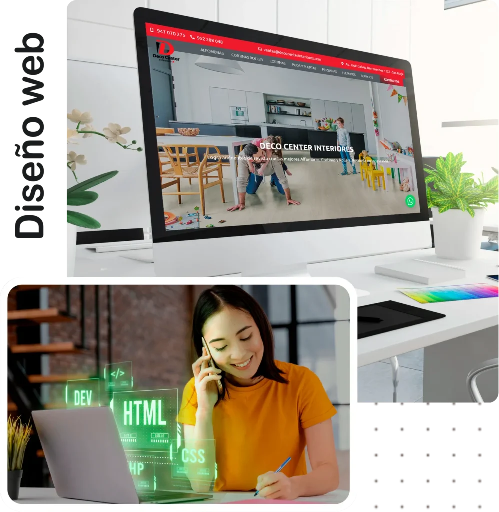 Composición visual de una oficina con un monitor de escritorio mostrando el diseño de una página web, acompañada de una desarrolladora atendiendo una llamada junto a una laptop con proyecciones holográficas de código HTML y CSS.